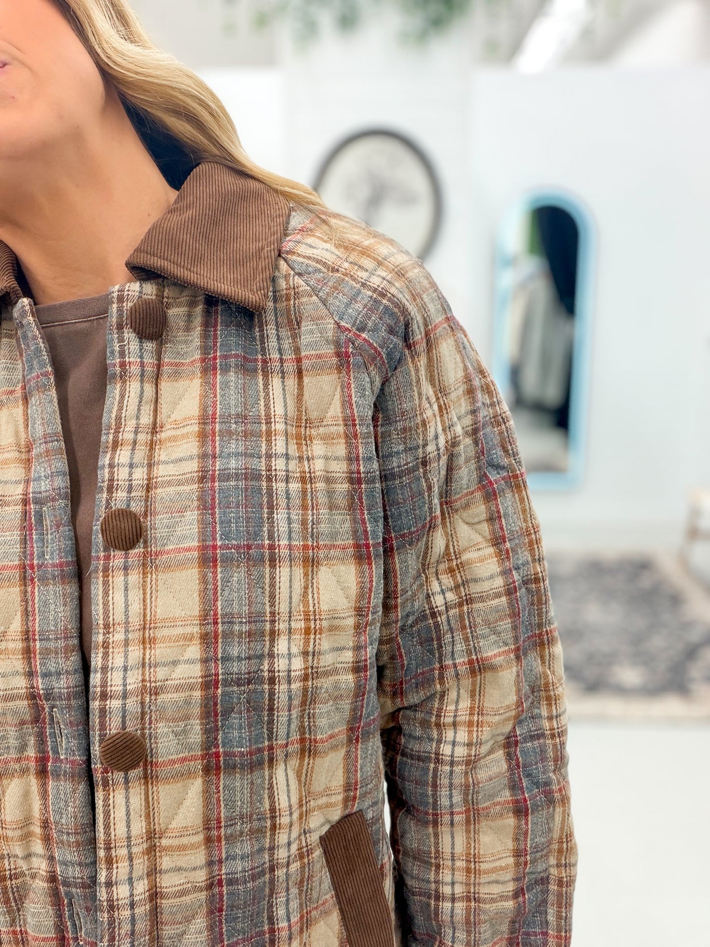 Cool Girl Quilted Plaid Jacket Taupe