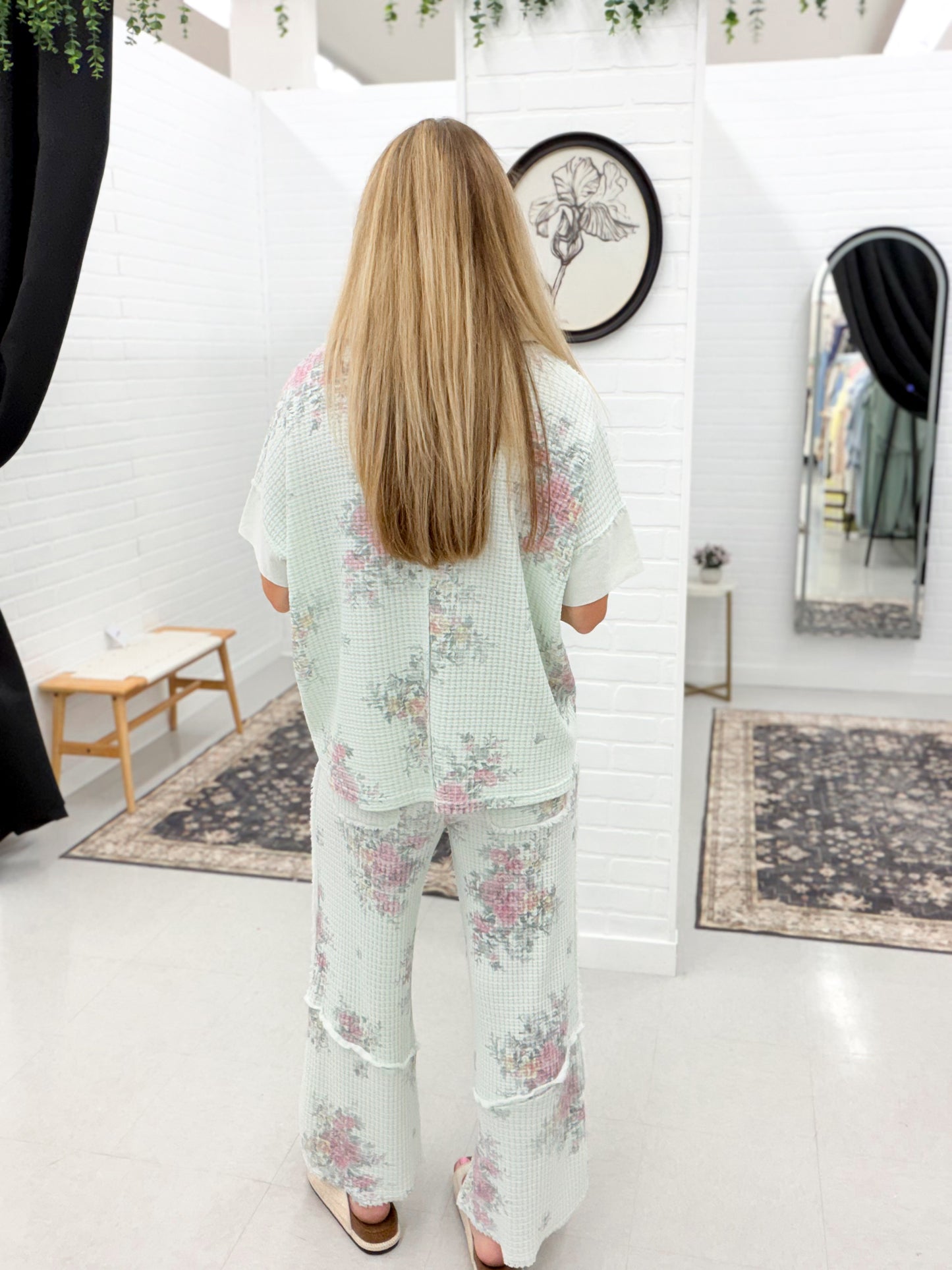 Taken Back Waffle Knit Floral Detail Set Mint