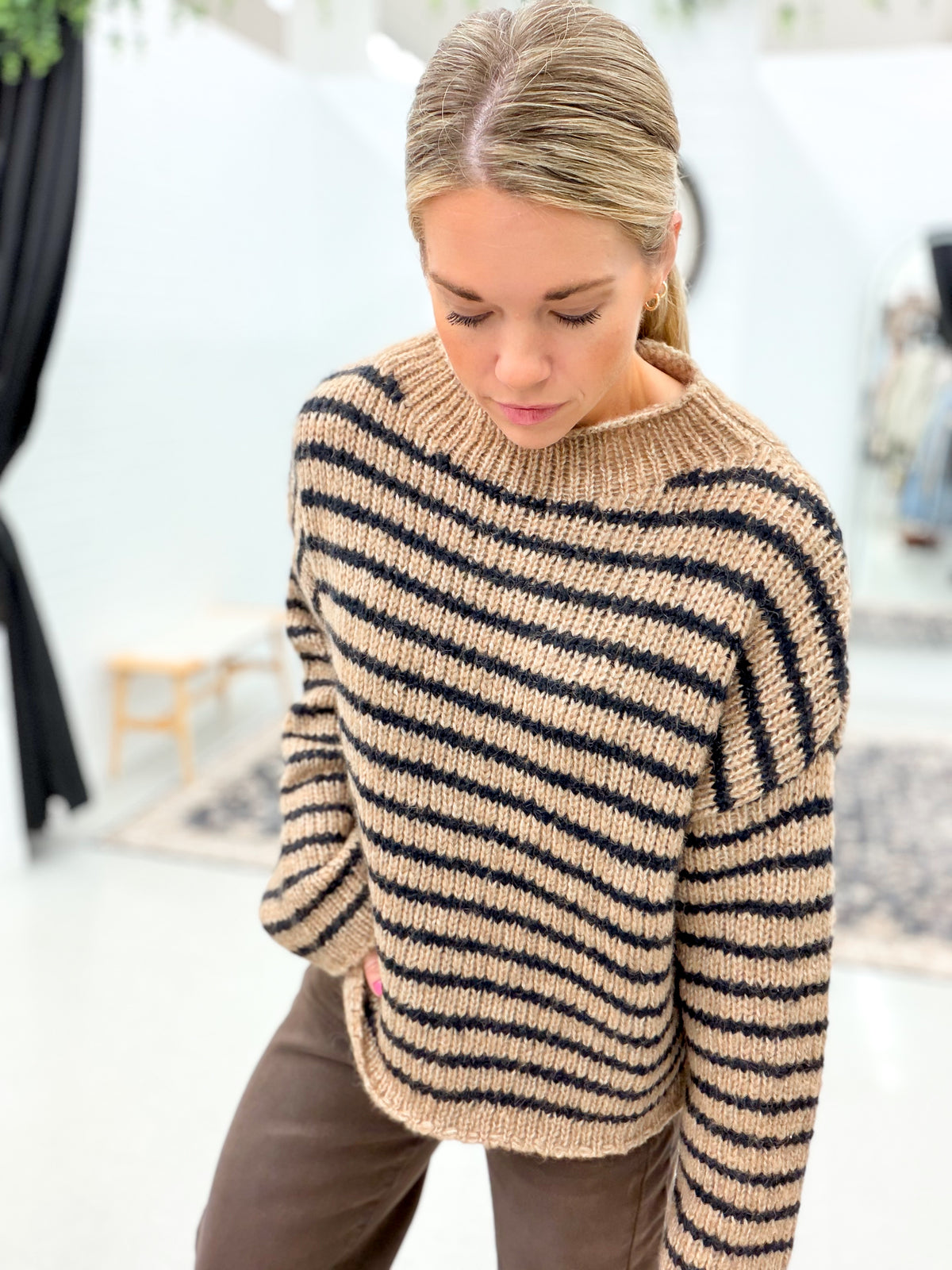 No Regrets Stripe Knit Sweater Camel/Black