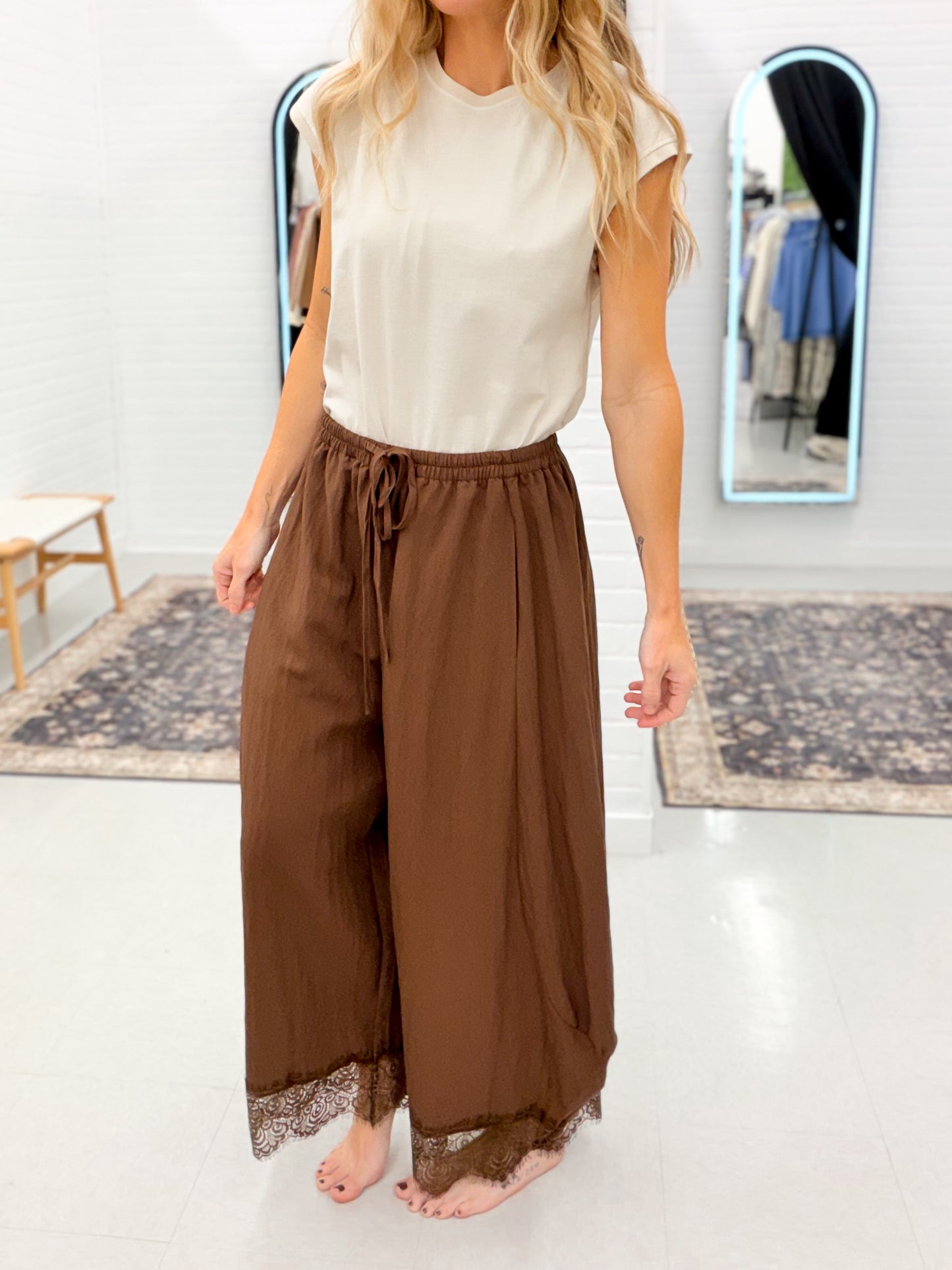 Her Song Flowy Balloon Leg Pants With Lace Trim Brown