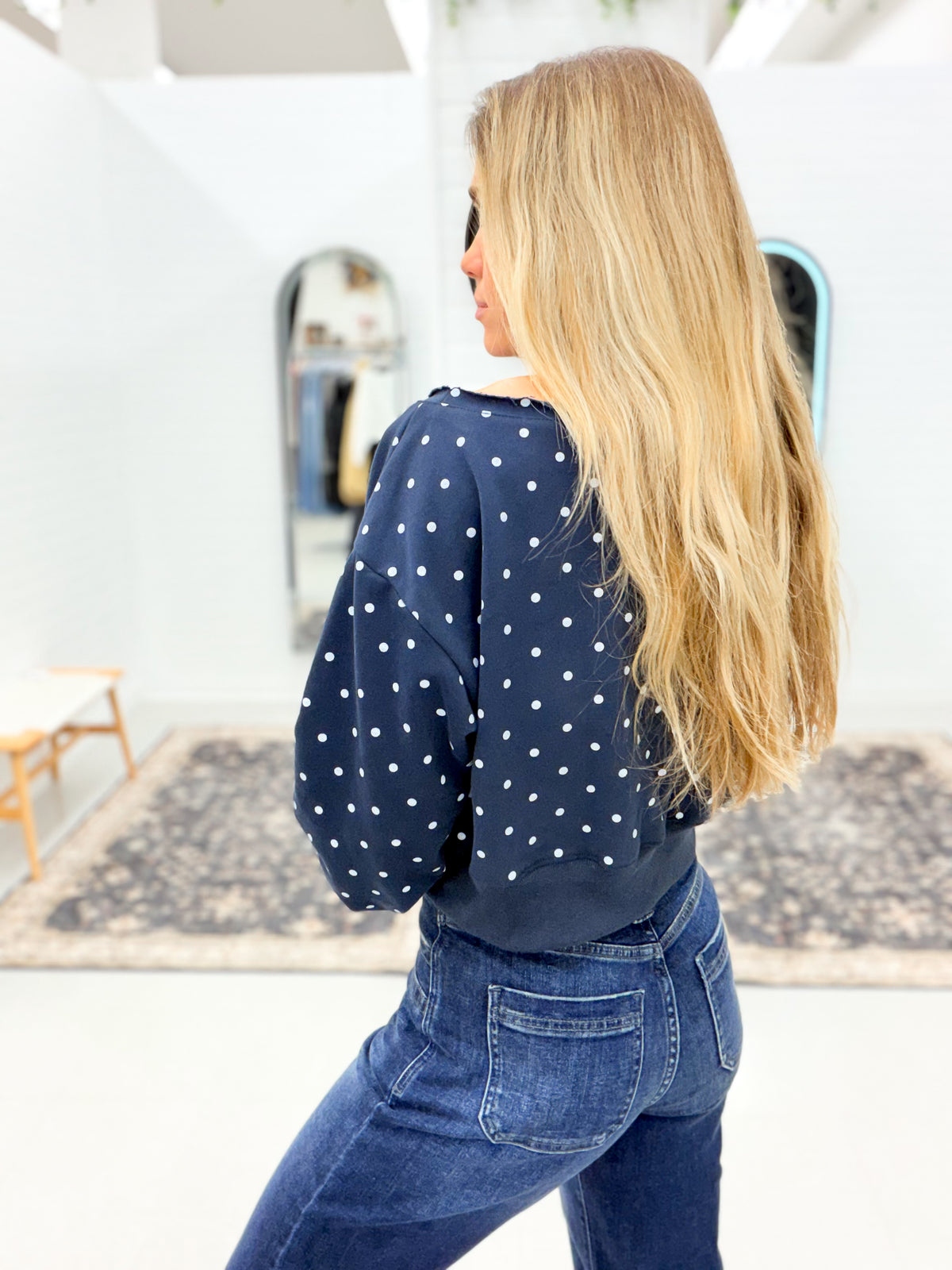 Stay Chic Polka Dot Off The Shoulder Sweatshirt Navy