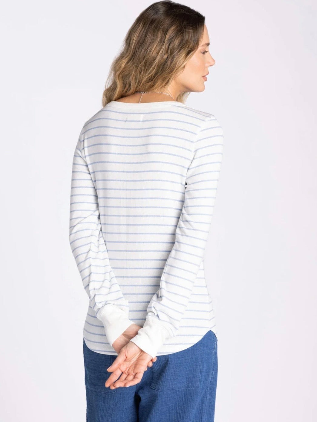 The Stacy Ribbed Top Ivory Blue Stripe
