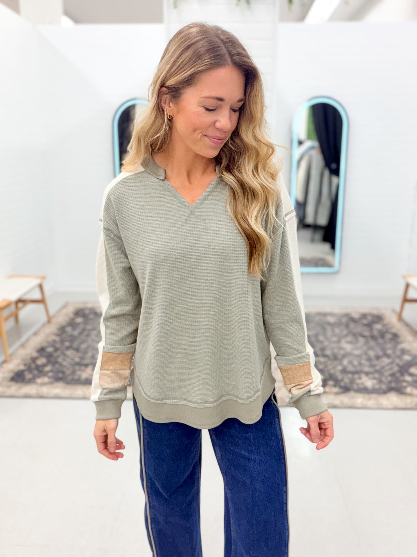 Always Enough Waffle Knit Top Light Olive