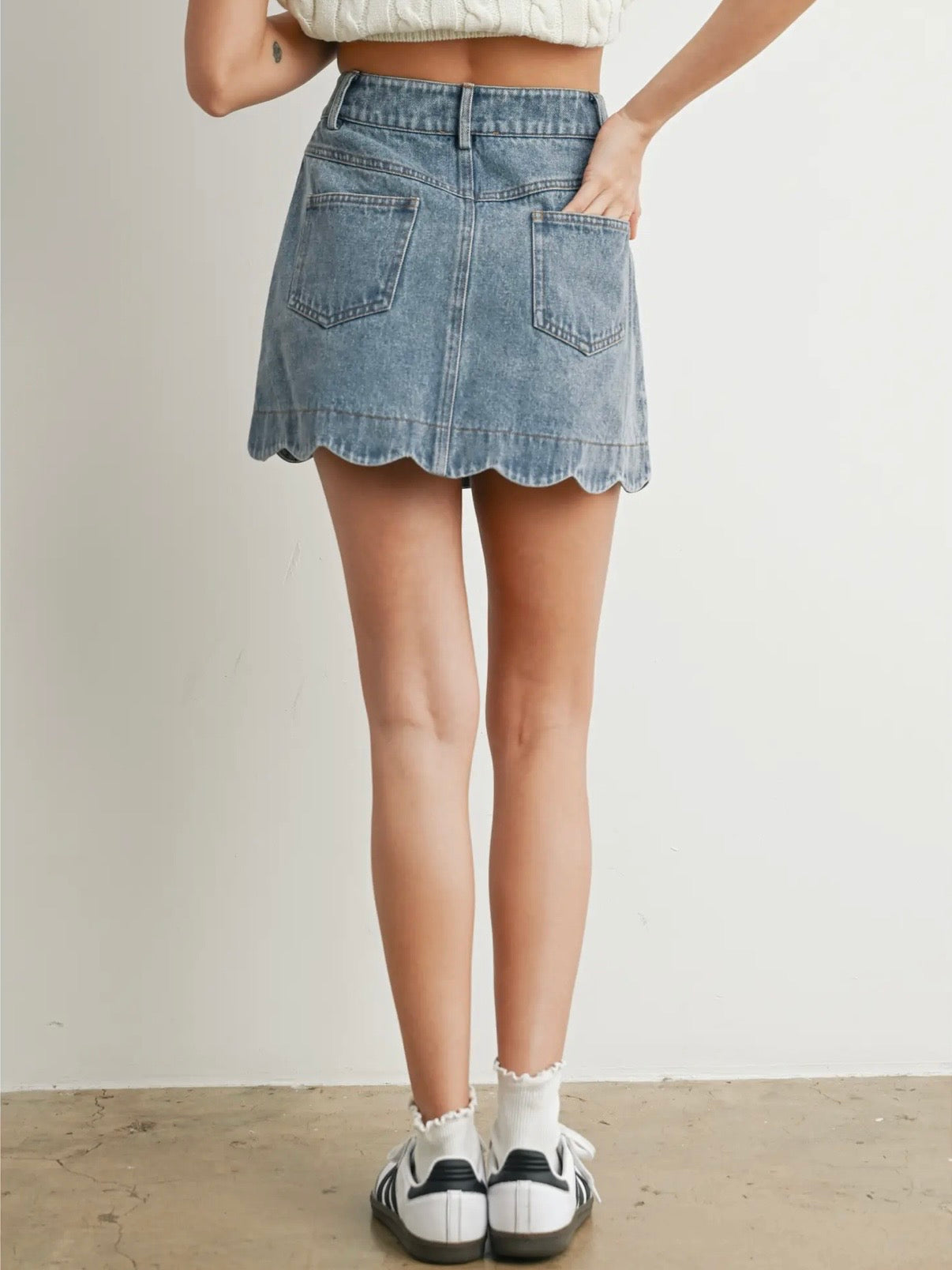 Starts With You Scallop Detail Button Denim Skirt Medium Wash