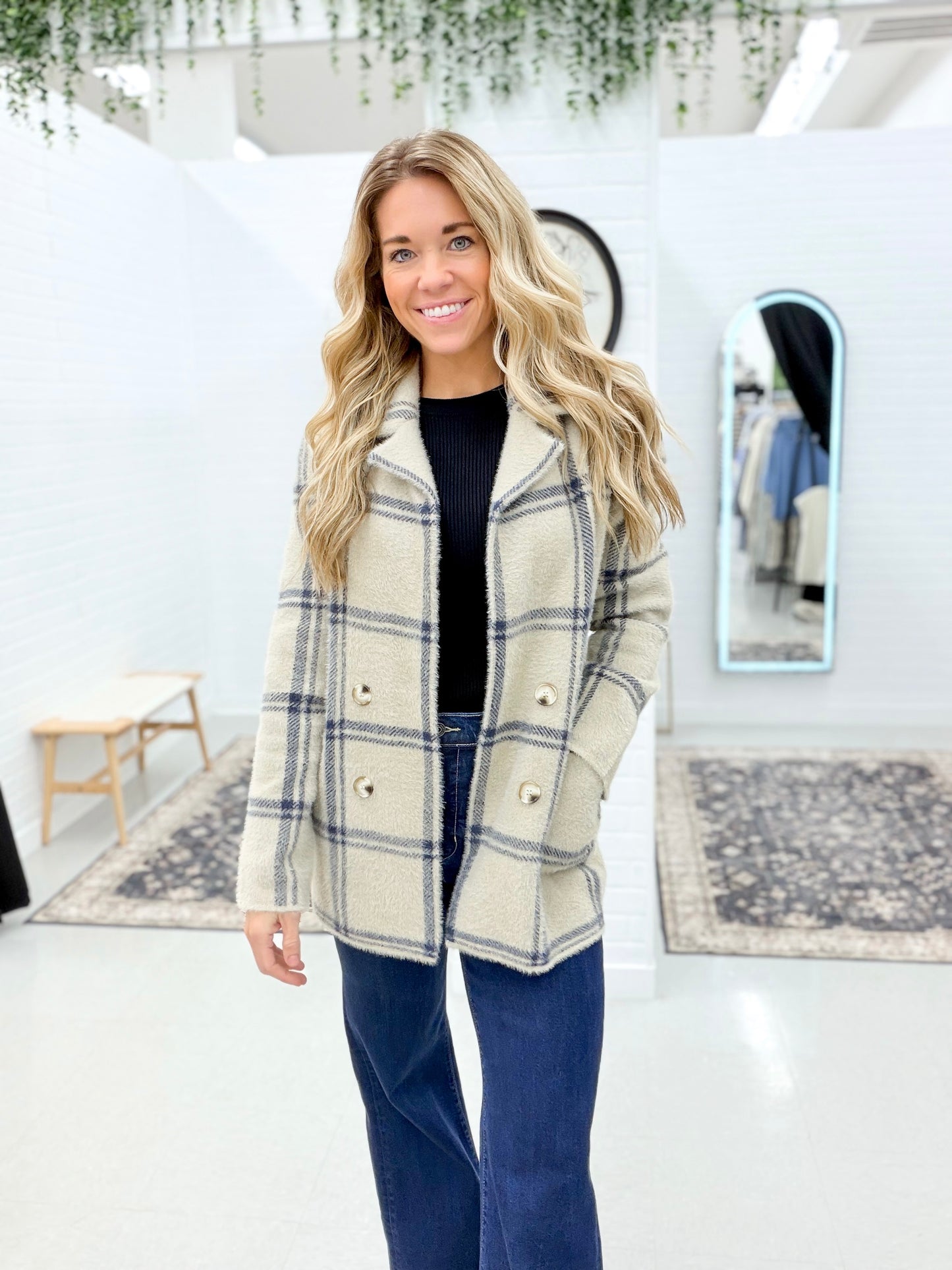 Only You Fuzzy Plaid Double Button Coatigan Light Taupe