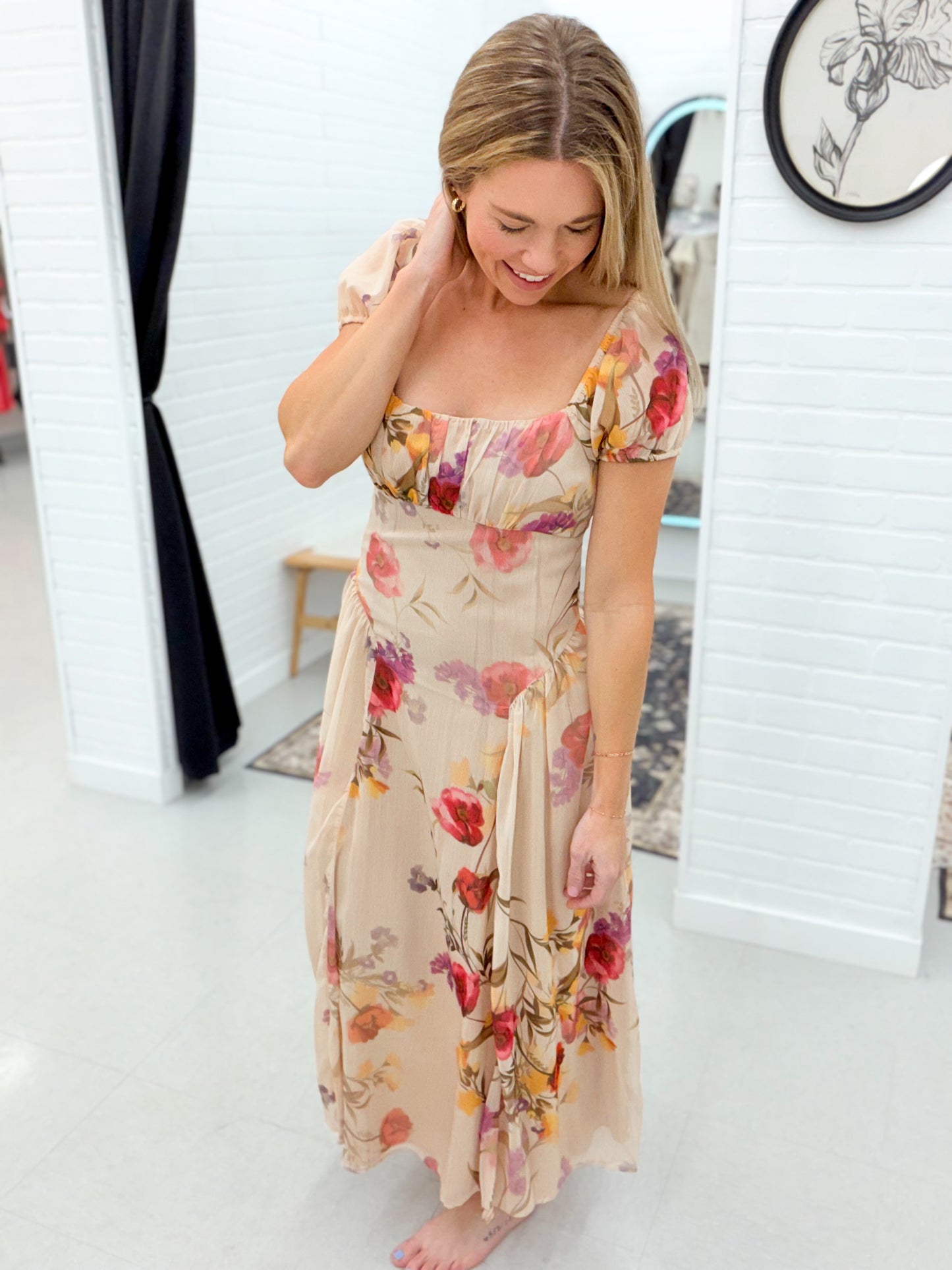 Laine Floral Square Neck Midi Dress Taupe