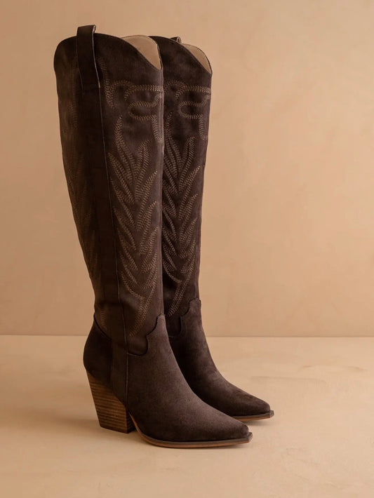 The Bronco Coffee Knee High Embroidered Boots
