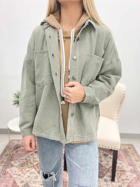 Big Dreams Vintage Wash Button Down Jacket Light Olive