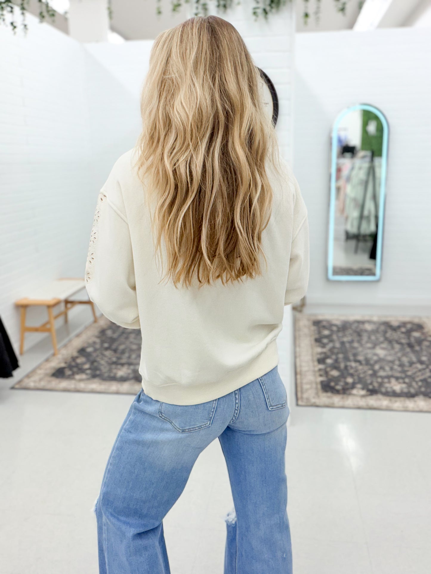 The Marietta Eyelet Sleeve Pullover Cream