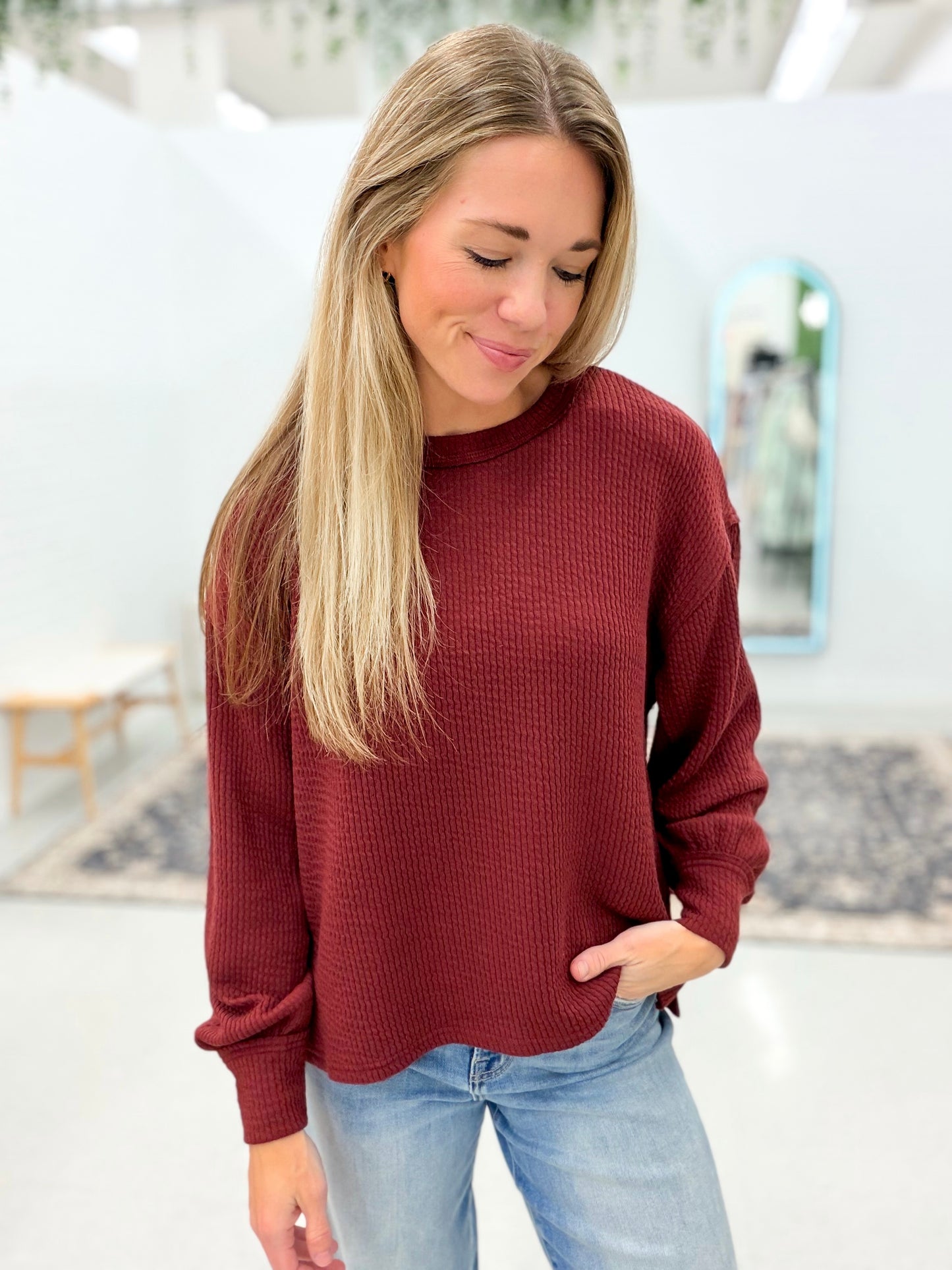 Year After Year Ribbed Knit Top Burgundy