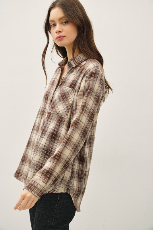 All We Need Button Down Plaid Shirt Brown/Tan