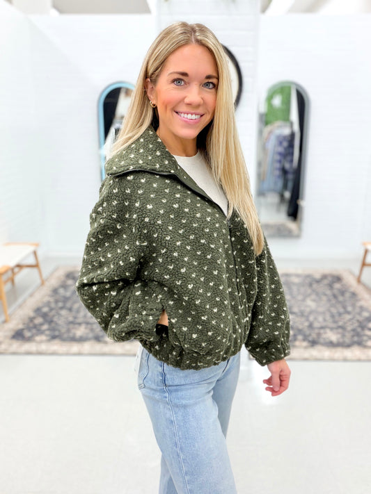 Risk Taker Heart Detail Sherpa Jacket Olive
