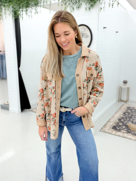 Bloom Today Floral Print Washed Waffle Shirt Jacket Taupe