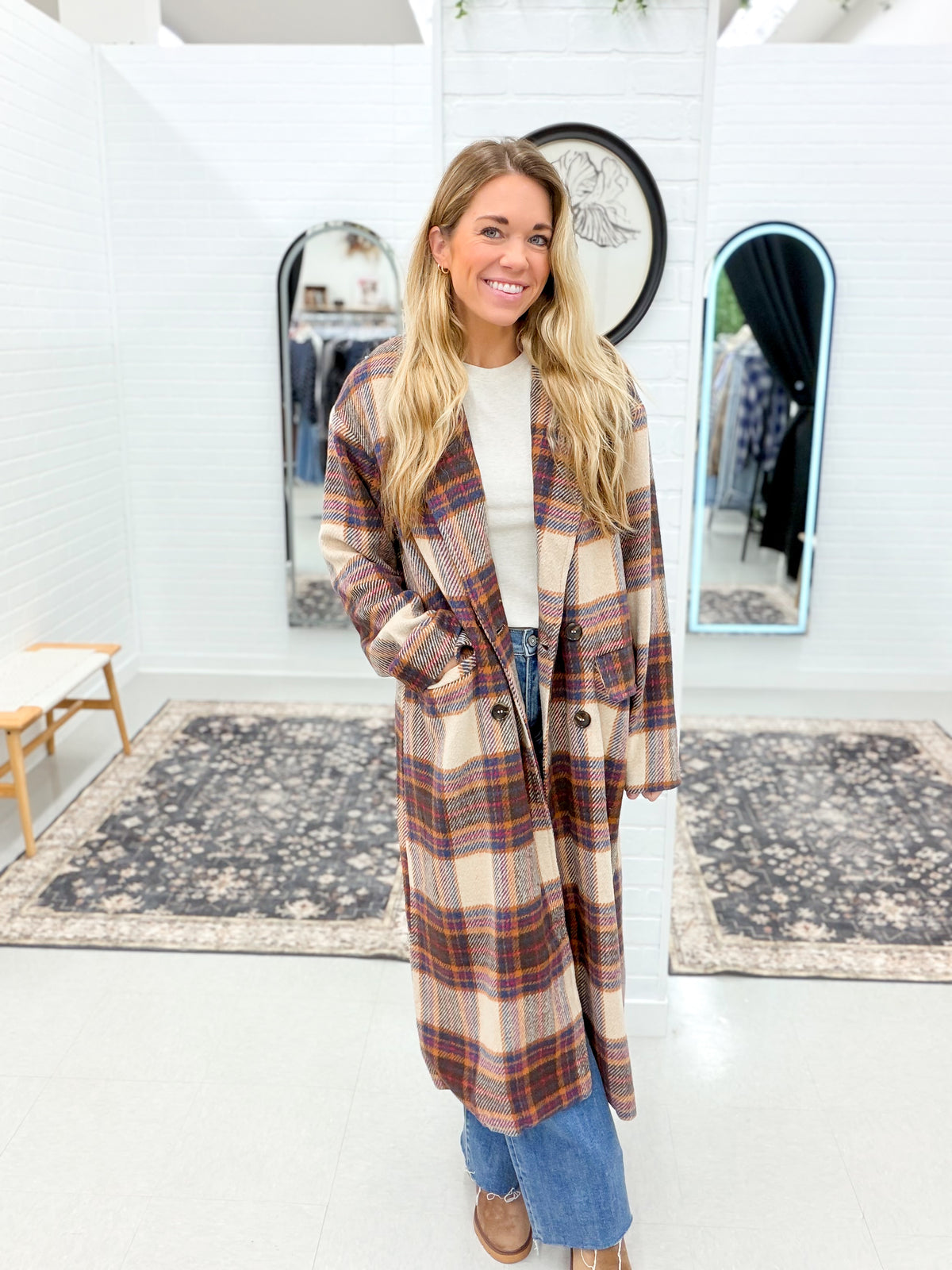 City Lights Multi Color Plaid Long Coat