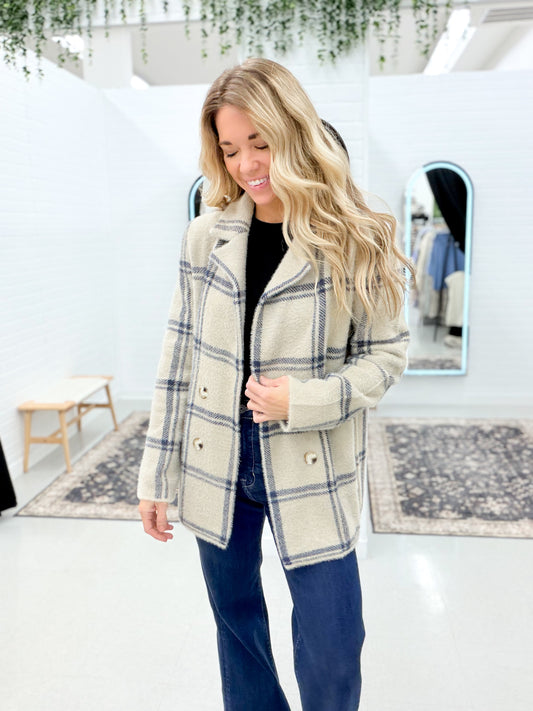 Only You Fuzzy Plaid Double Button Coatigan Light Taupe