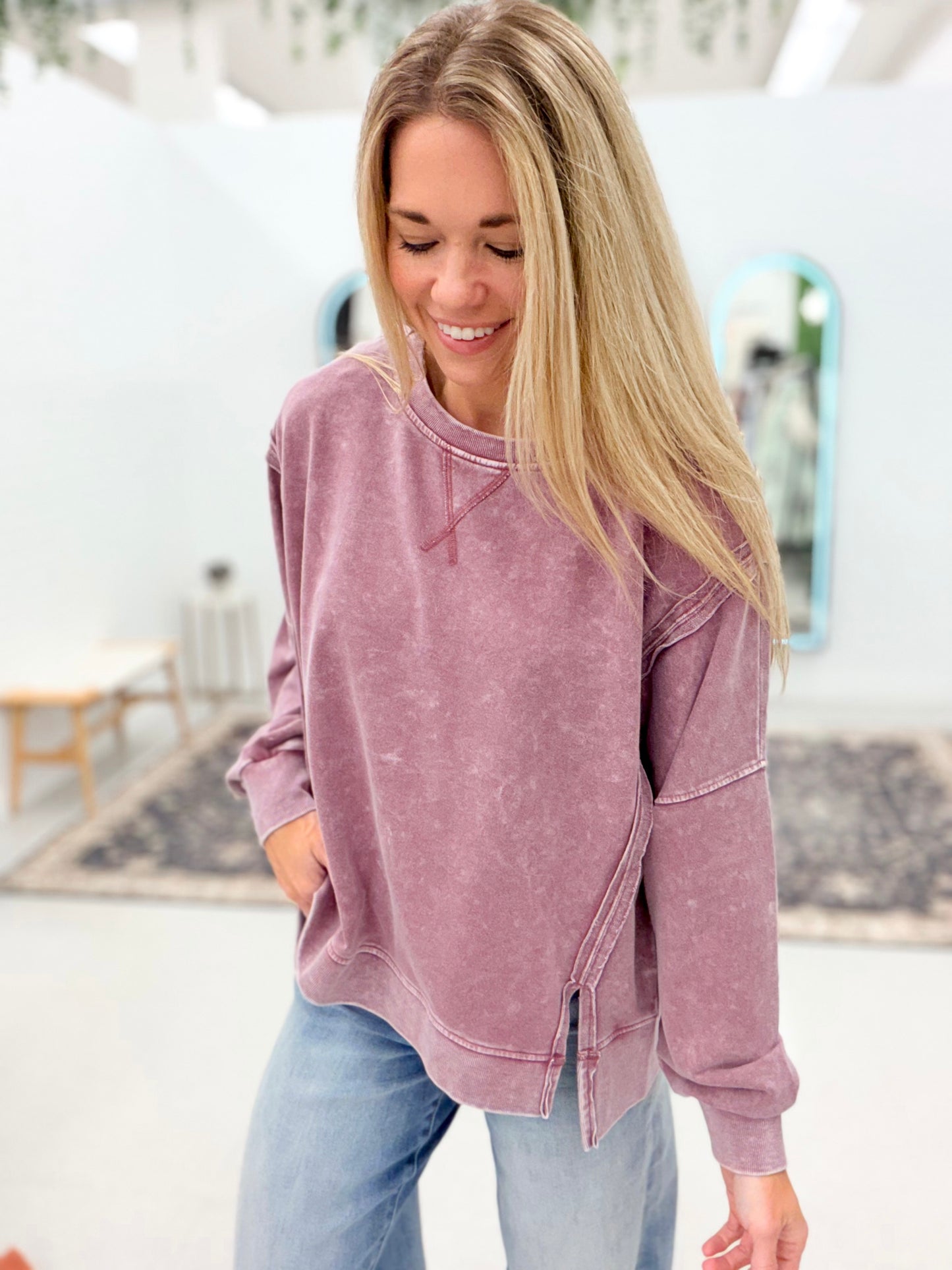 Her Brag Washed Long Sleeve Knit Top Plum