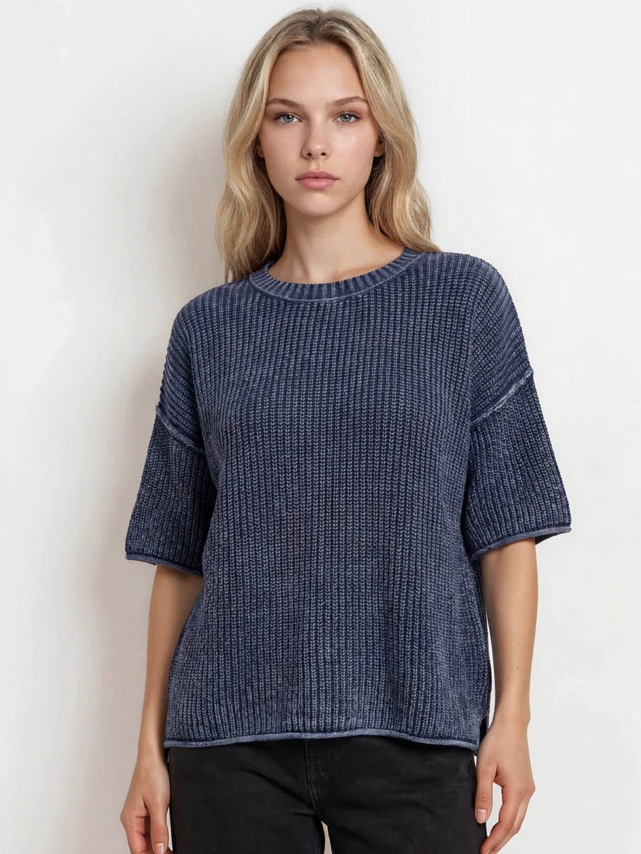 Here For You Washed Crew Short Sleeve Knit Sweater Navy