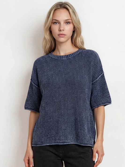 Here For You Washed Crew Short Sleeve Knit Sweater Navy