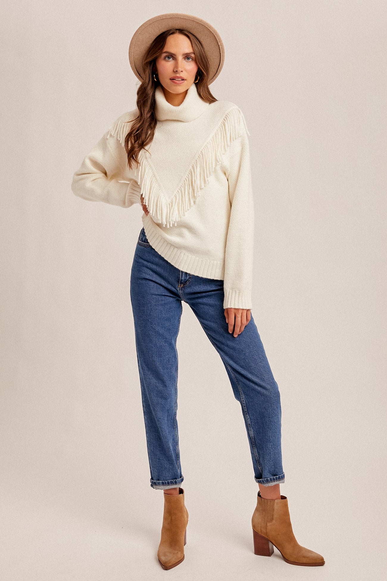 Hang Tight Fringe Detail Mock Neck Sweater Cream