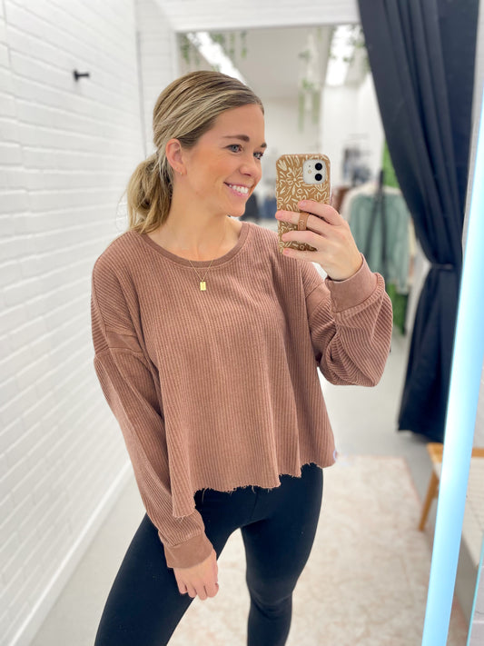 Her Time Waffle Knit Open Back Long Sleeve Top Chestnut
