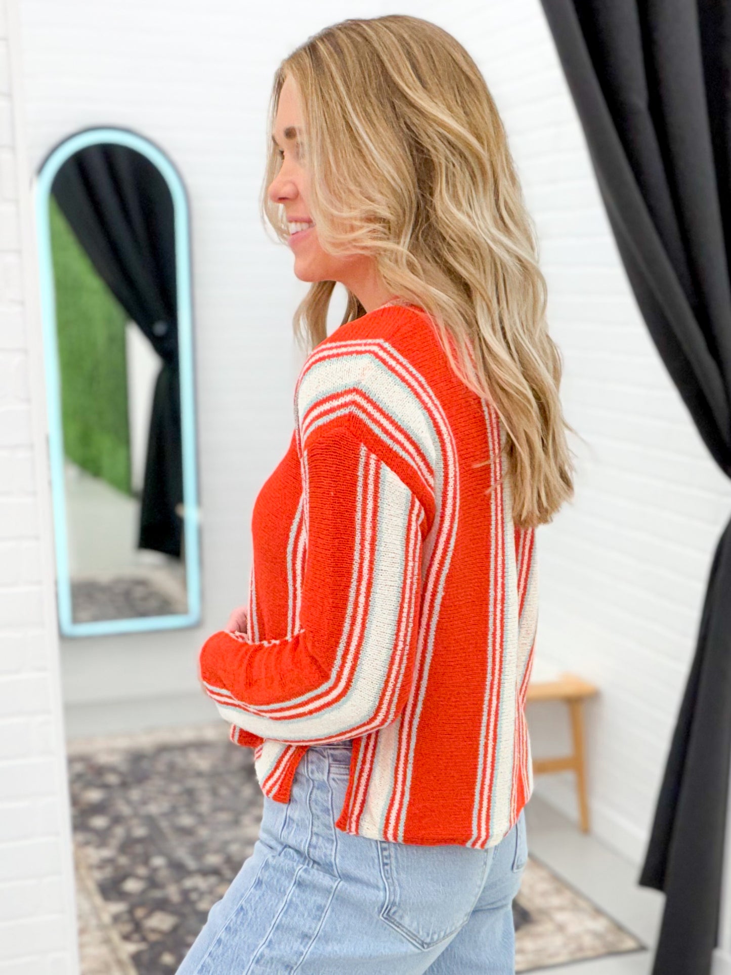 Daydreaming V-Neck Stripe Sweater Red Combo