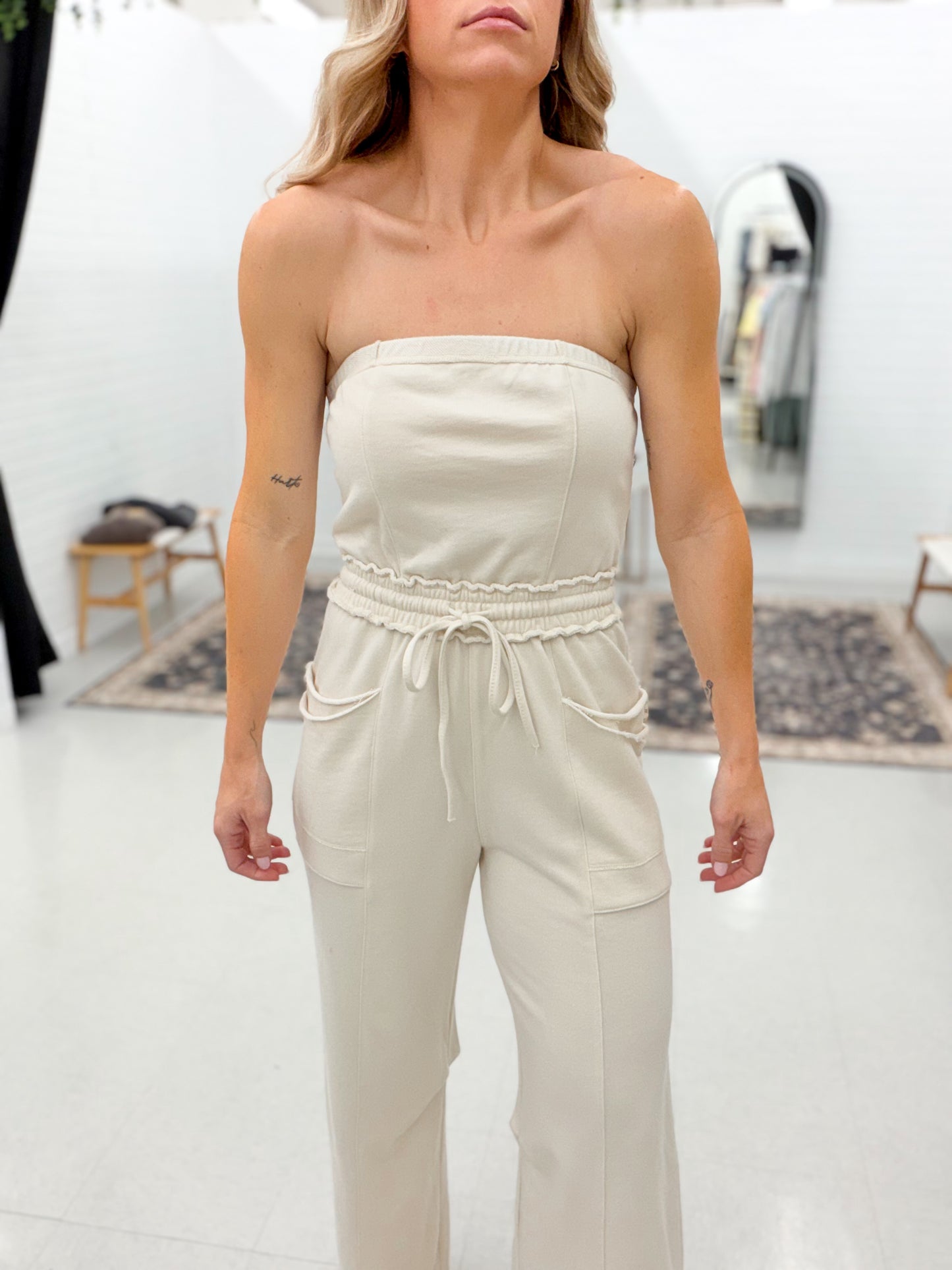 Luxe Mineral Wash Strapless Jumpsuit Oatmeal