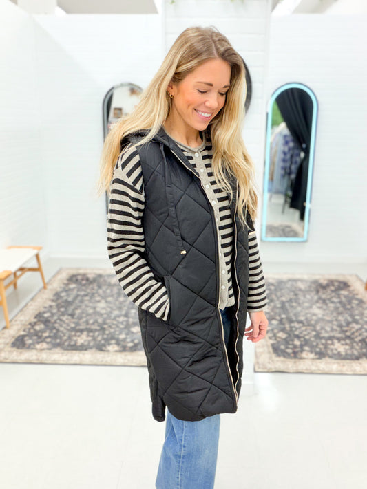 Bundle Up Quilted Puffer Long Hooded Vest Black