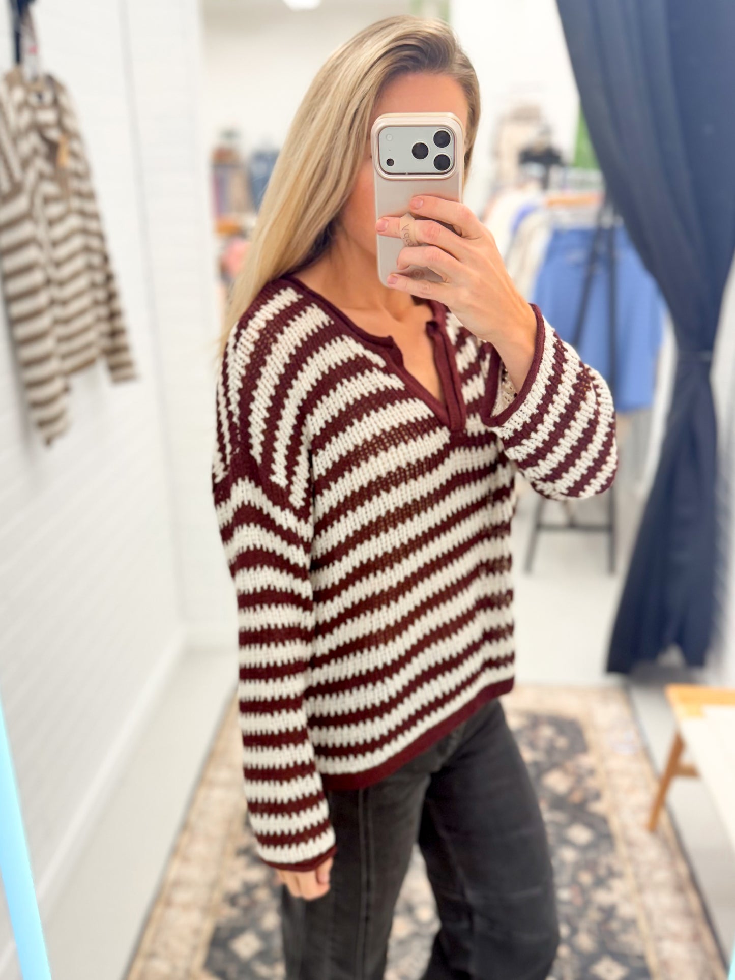 Never Ending Split Neck Knit Stripe Sweater Burgundy