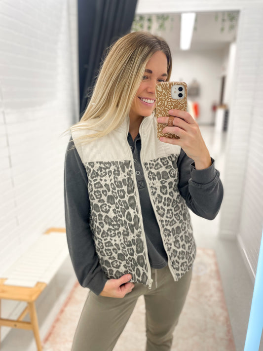 Around Here Leopard Print Corduroy Detail Puffer Vest Oatmeal