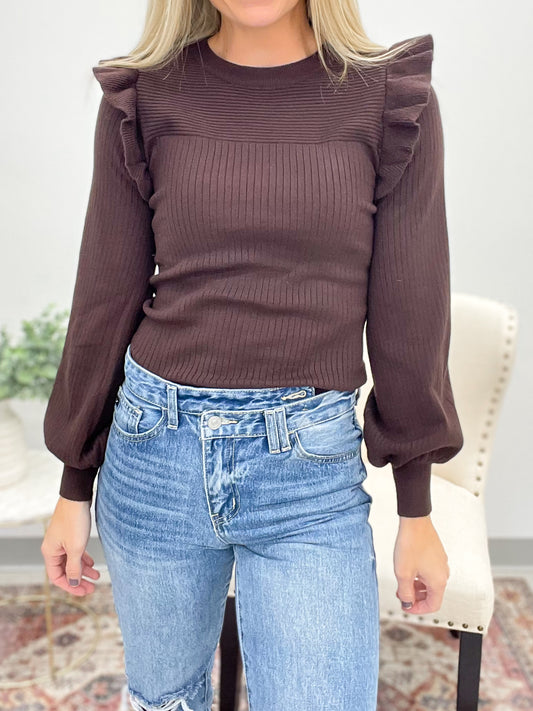 Trending Up Ruffle Detail Ribbed Sweater Brown