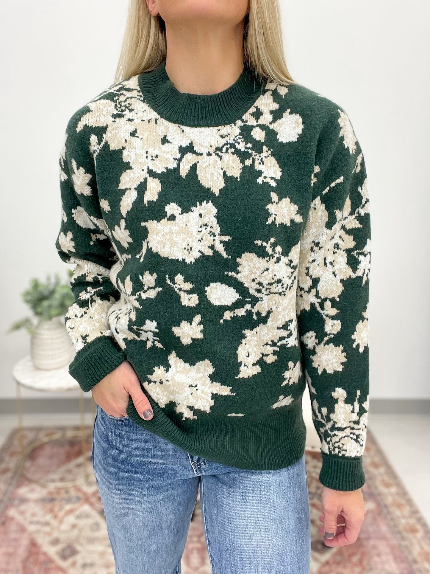 For All Time Floral Sweater Green