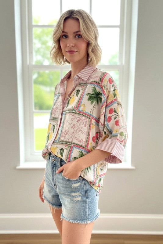 Vacation Mode Pinstripe Blocked Fruit Button Down Shirt