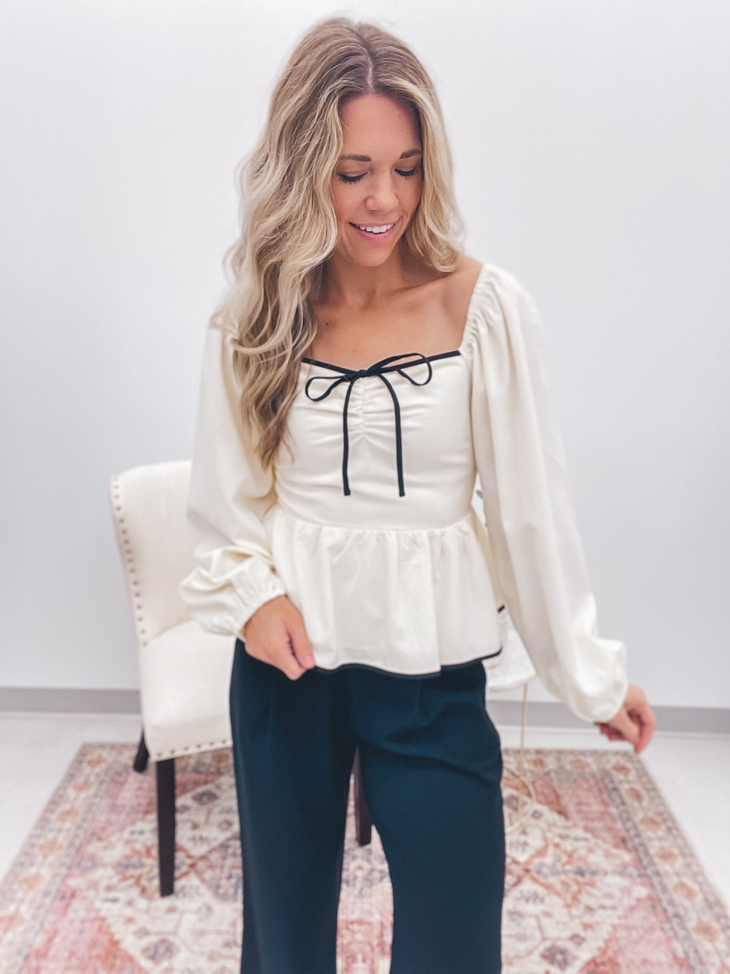 Sweet To Me Bow Detail Peplum Top Cream/Black