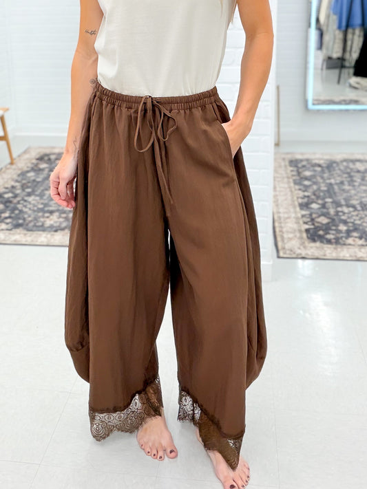 Her Song Flowy Balloon Leg Pants With Lace Trim Brown