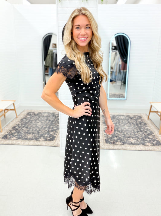 Promises Polka Dot Lace Trim Midi Dress Black
