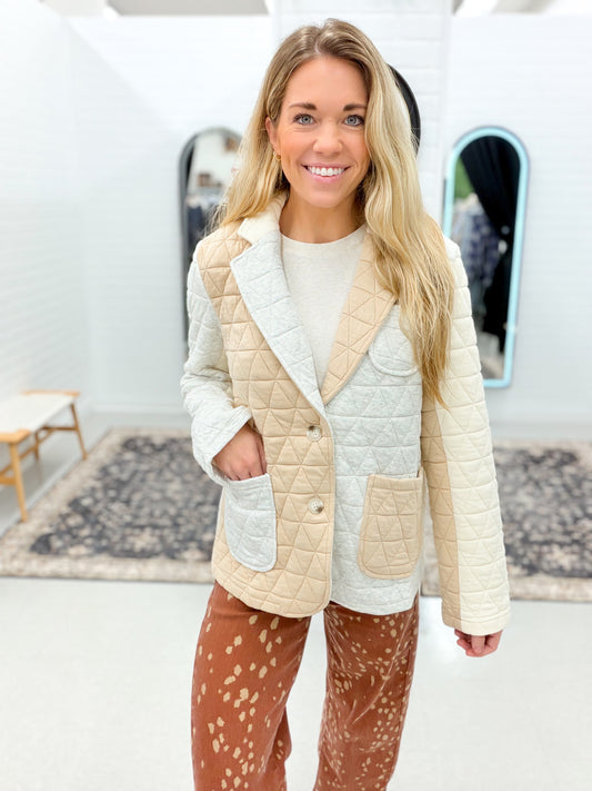 Here Now Quilted Color Block Sport Coat Oatmeal/Latte