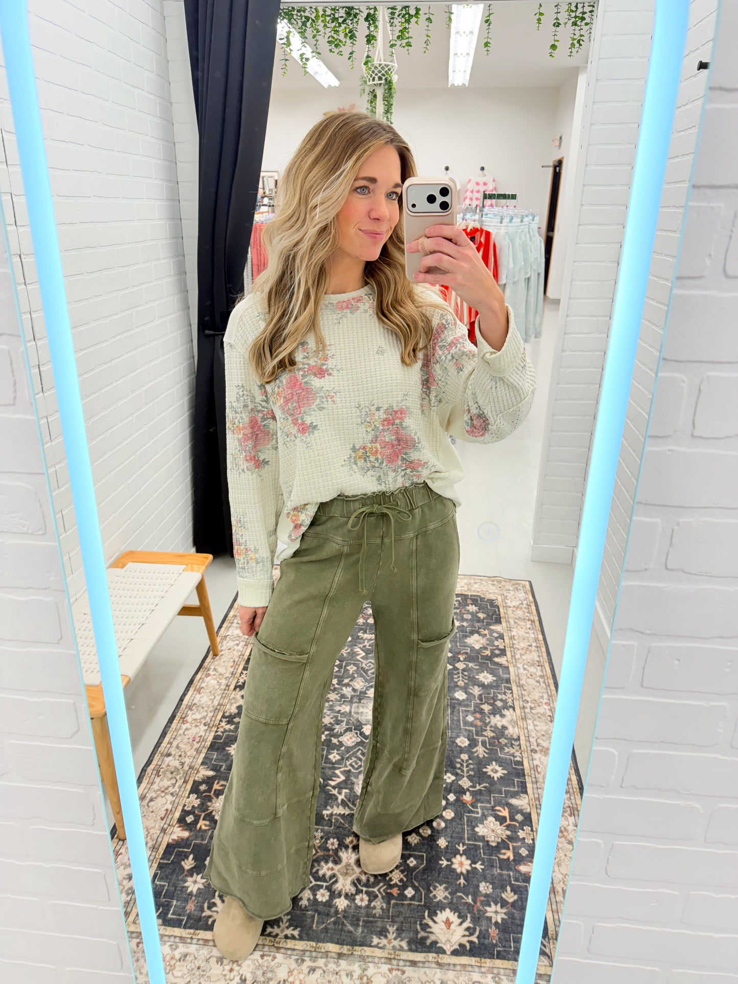 Wild Things Floral Print Thermal Knit Top Cream