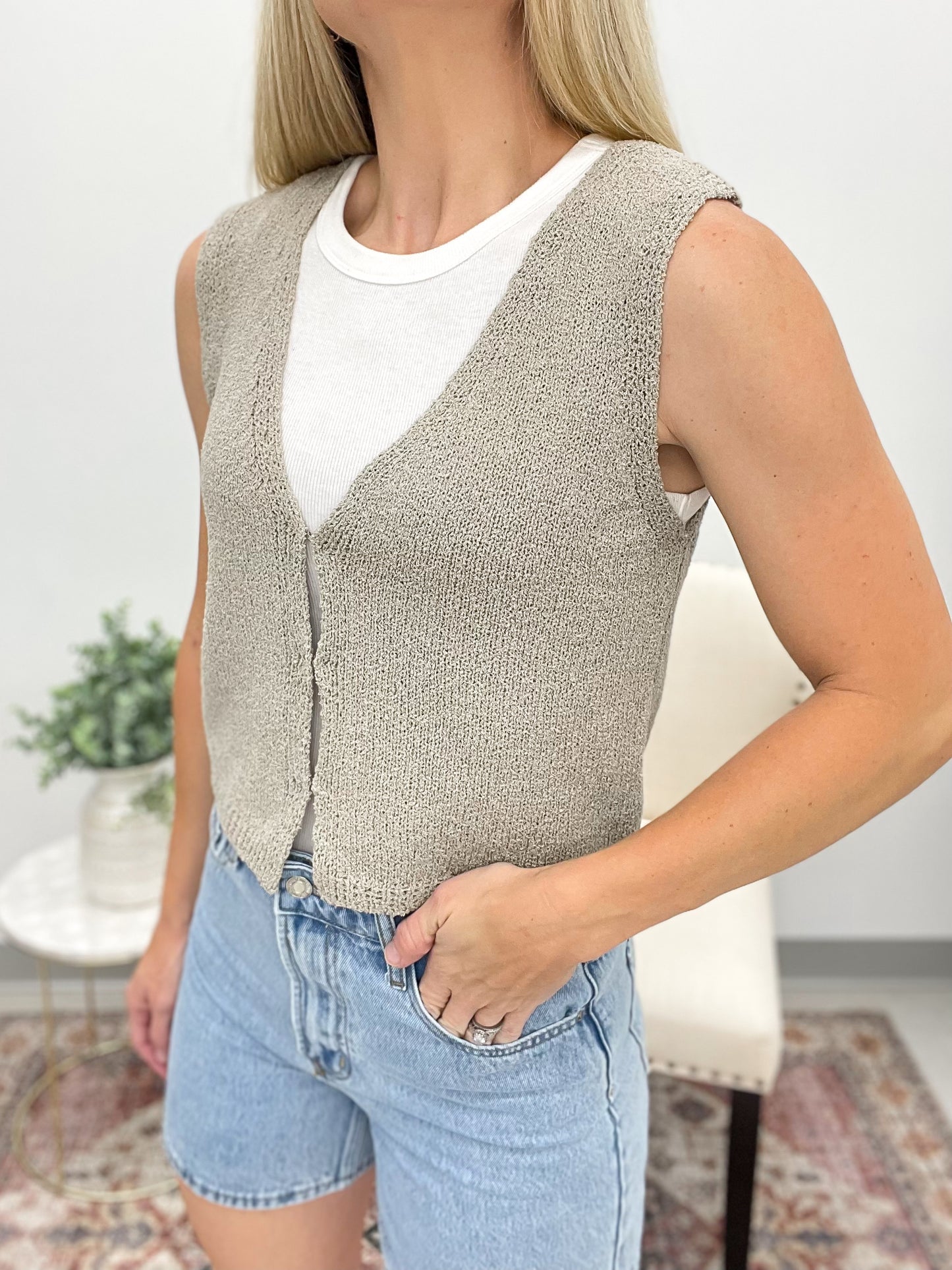 Stay Close Hook & Eye Knit Sweater Vest Tan