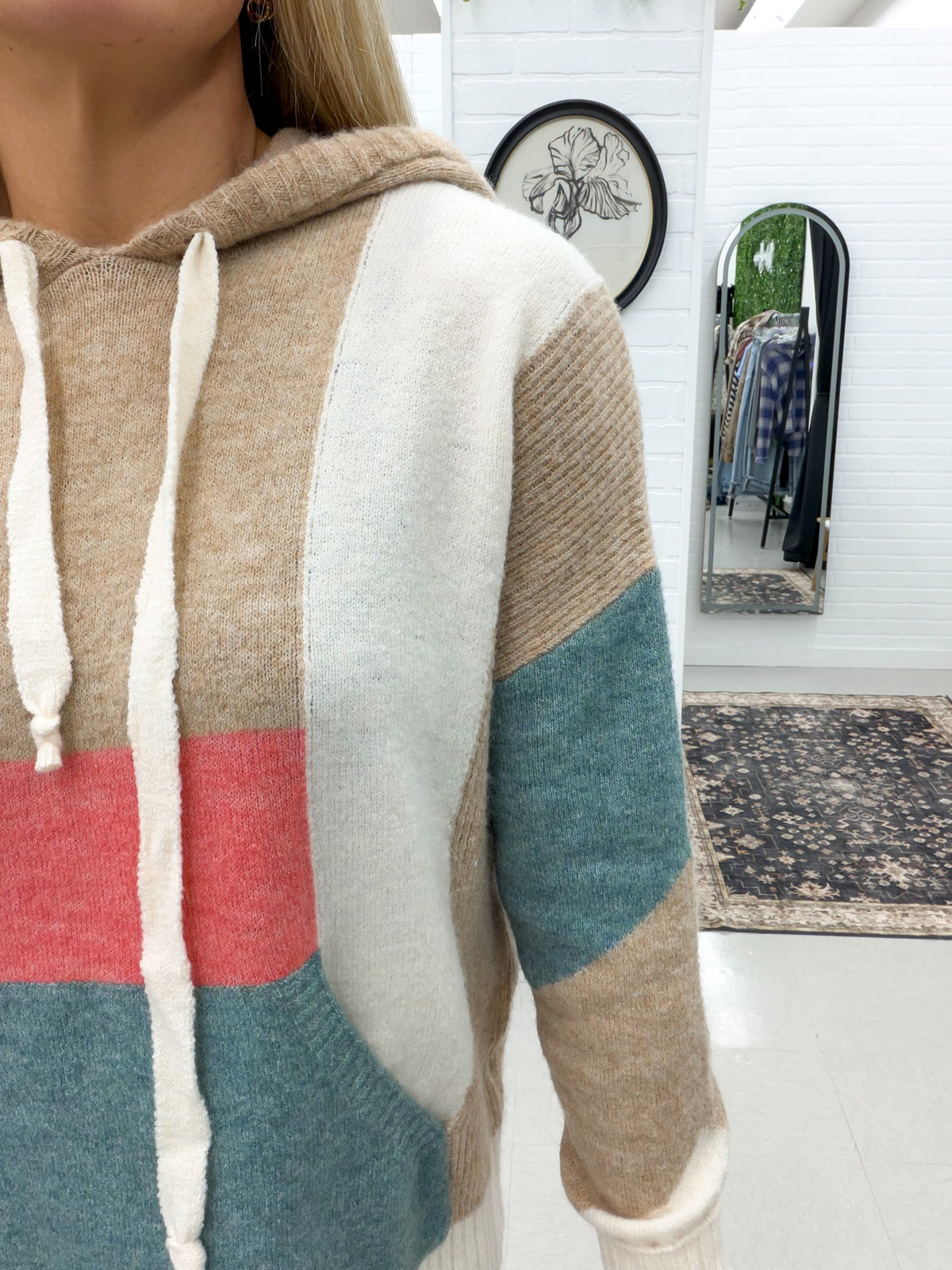 Time Tells Color Block Hooded Sweater Taupe/Blue