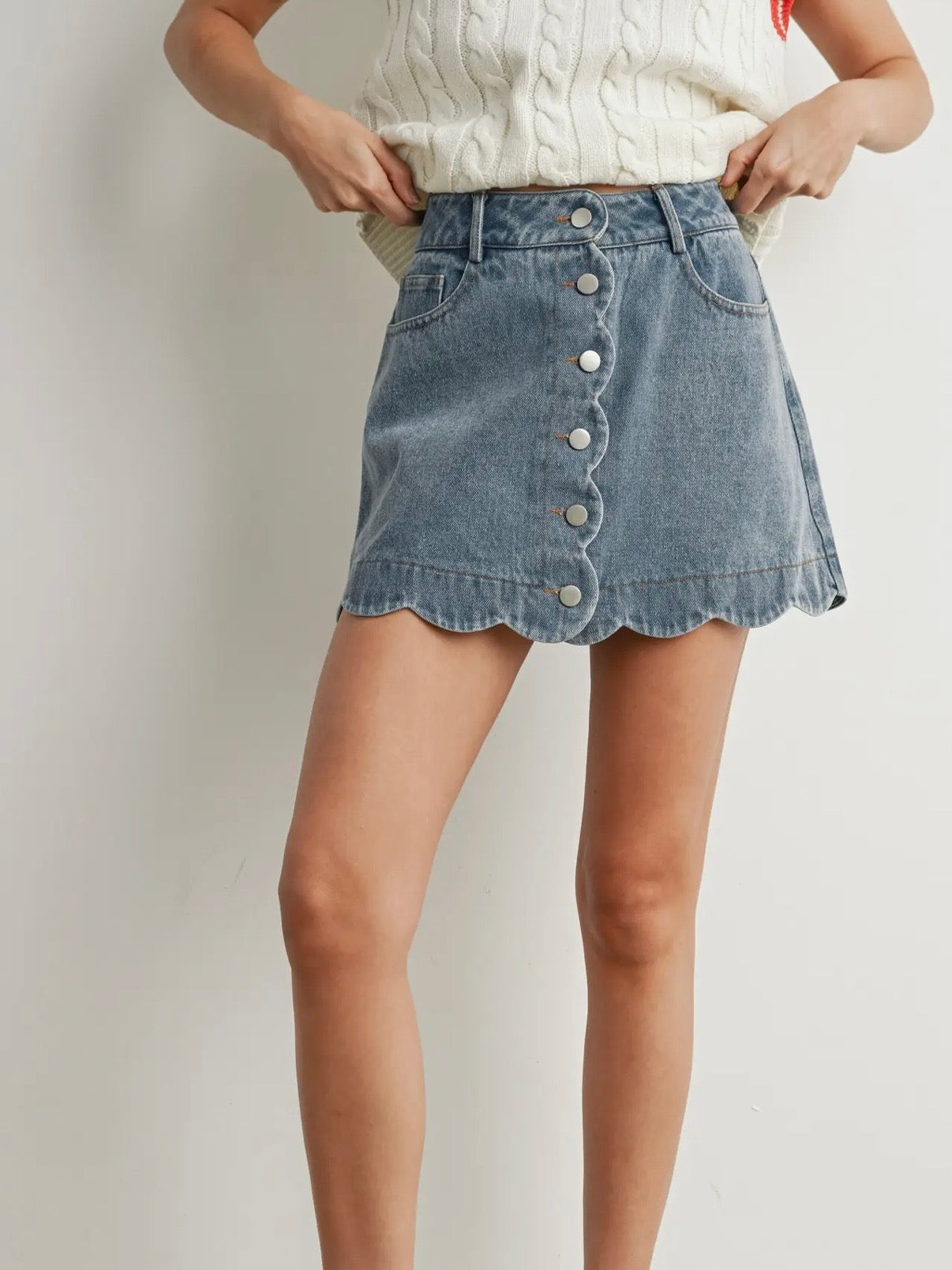 Starts With You Scallop Detail Button Denim Skirt Medium Wash