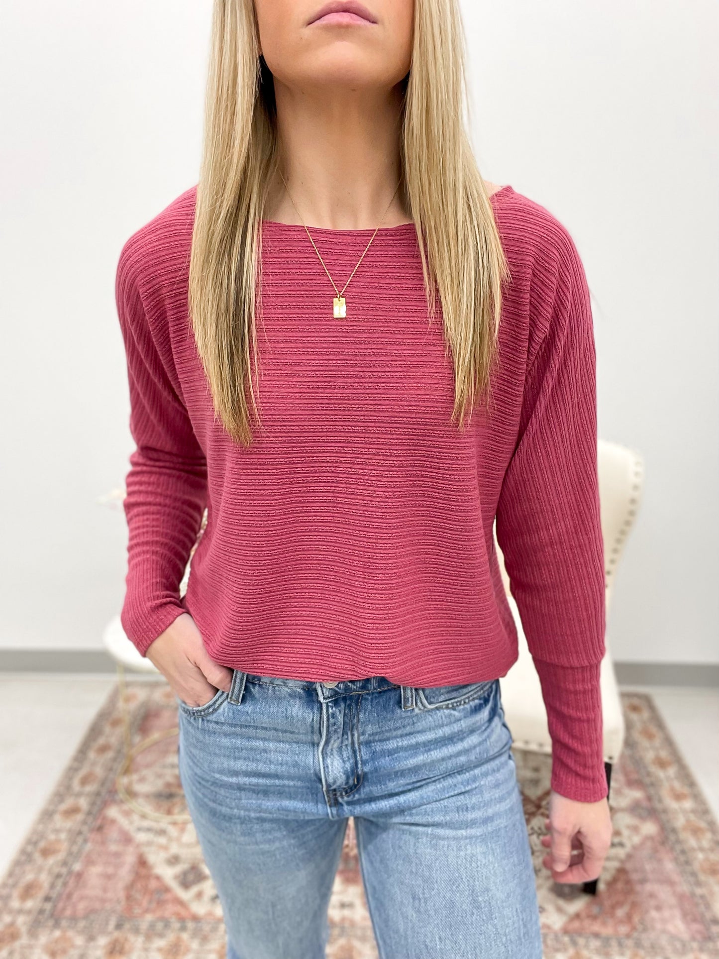 Early Days Textured Boat Neck Top Dark Rose