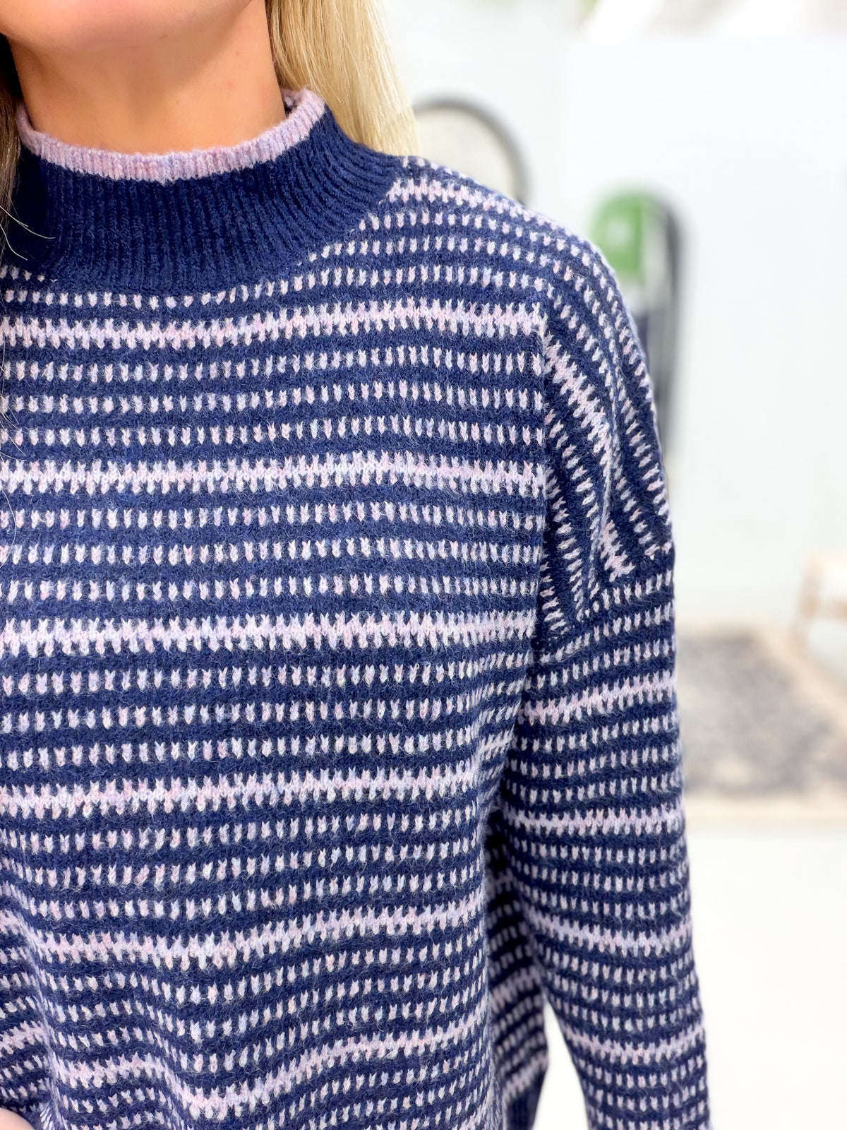 As It Seems Mock Neck Texture Stripe Sweater Navy
