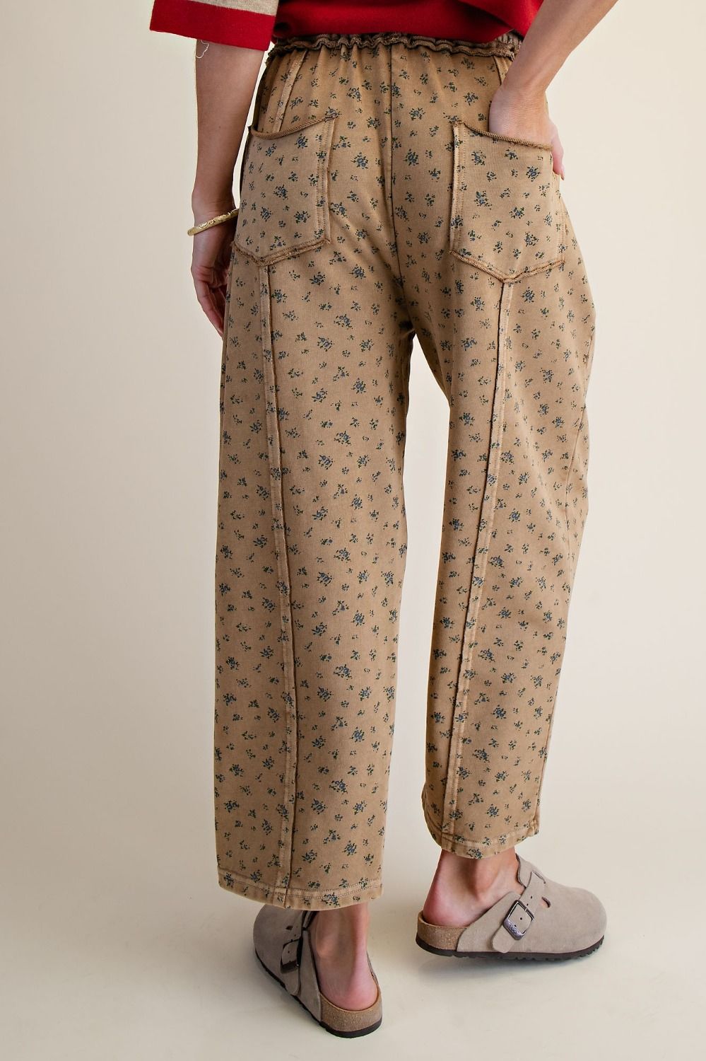 Darling Ditsy Floral Mineral Wash Barrel Pants Almond
