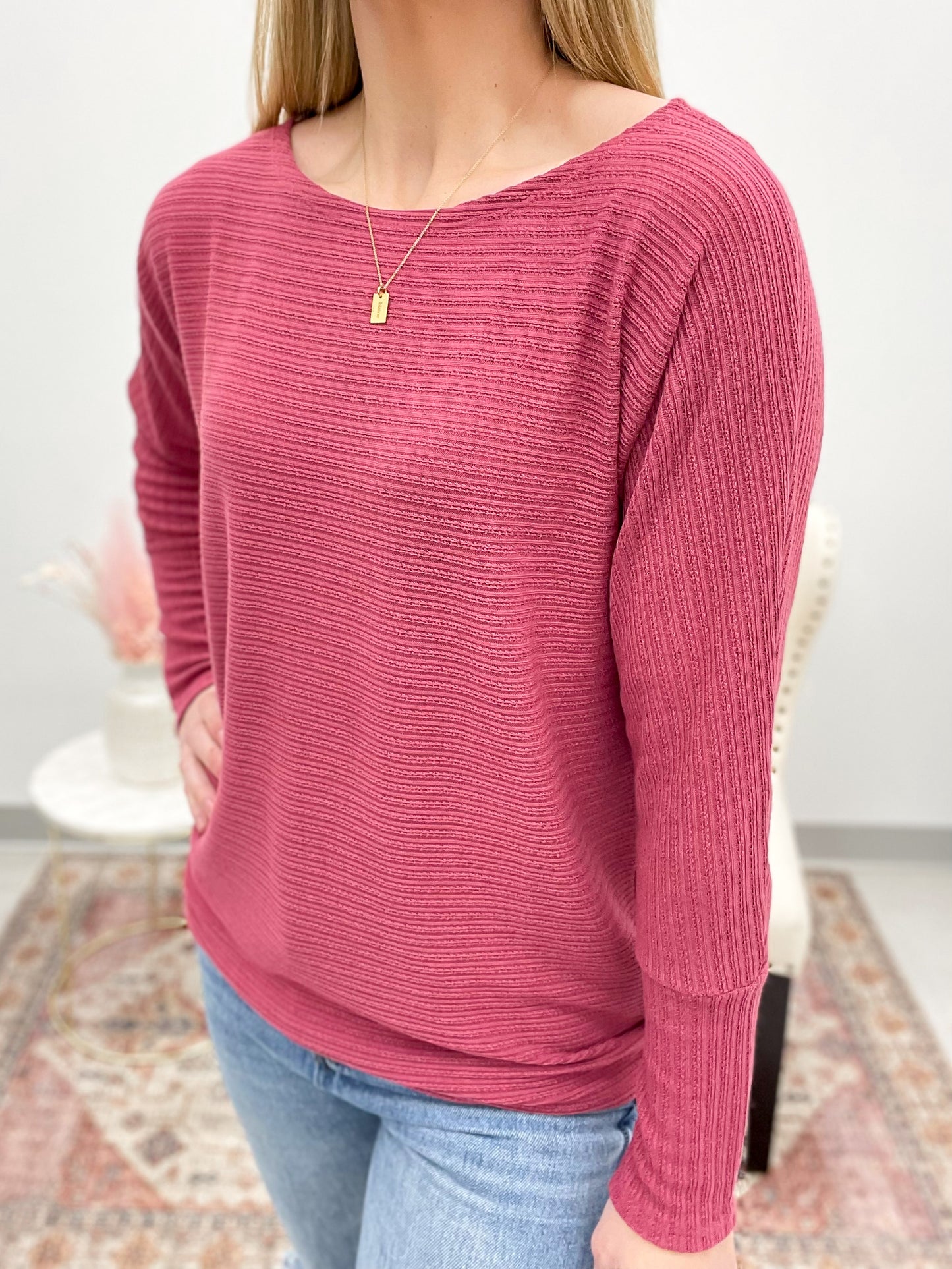 Early Days Textured Boat Neck Top Dark Rose