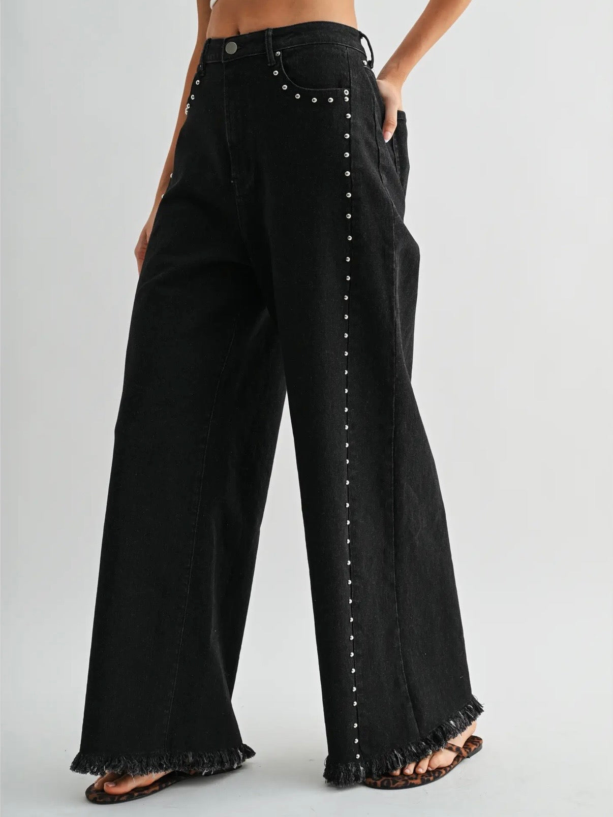 The Leah High Waisted Wide Leg Denim Stud Pants Black