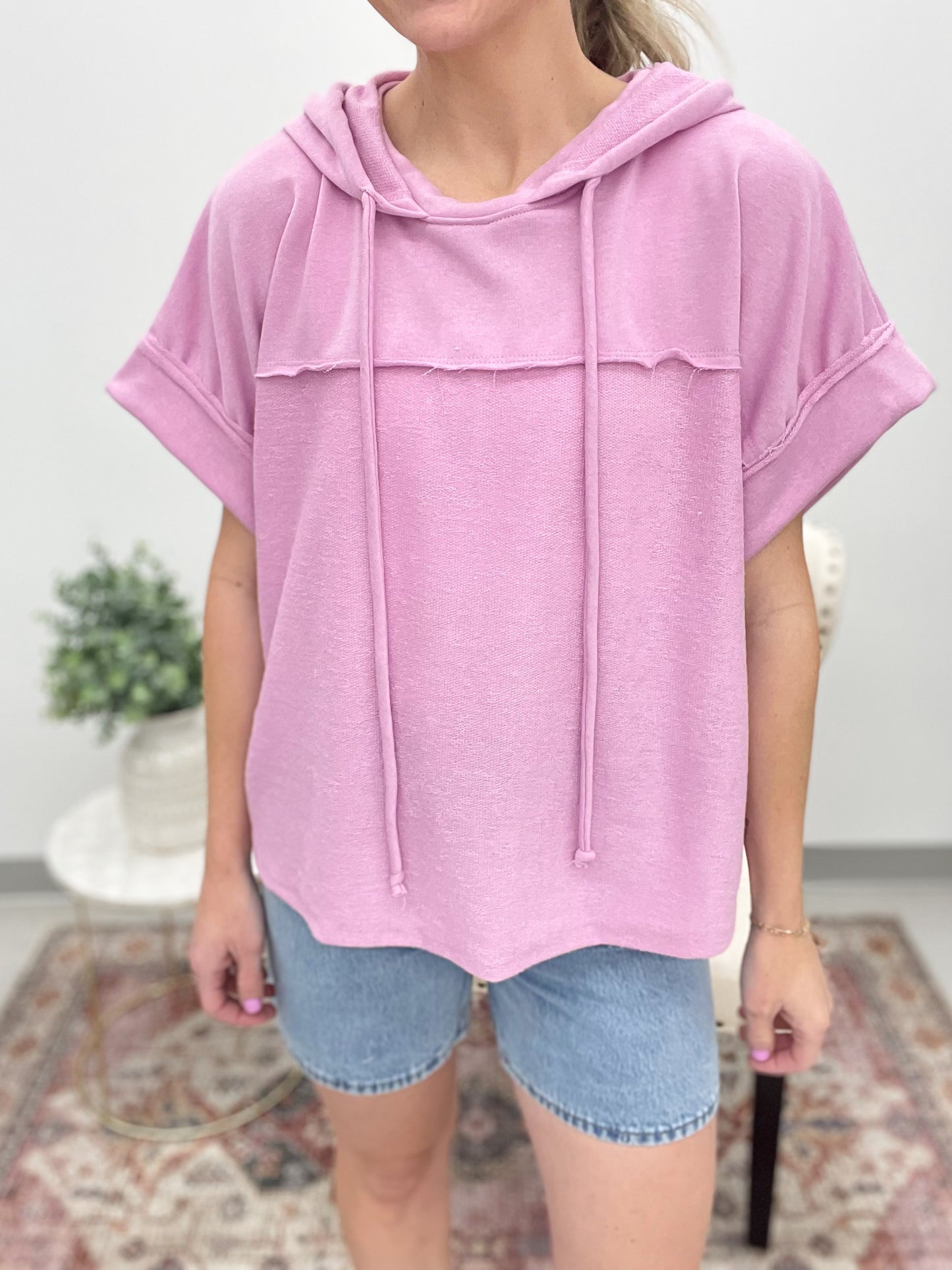 Here And Now Contrast Raw Edge Hoodie Lavender