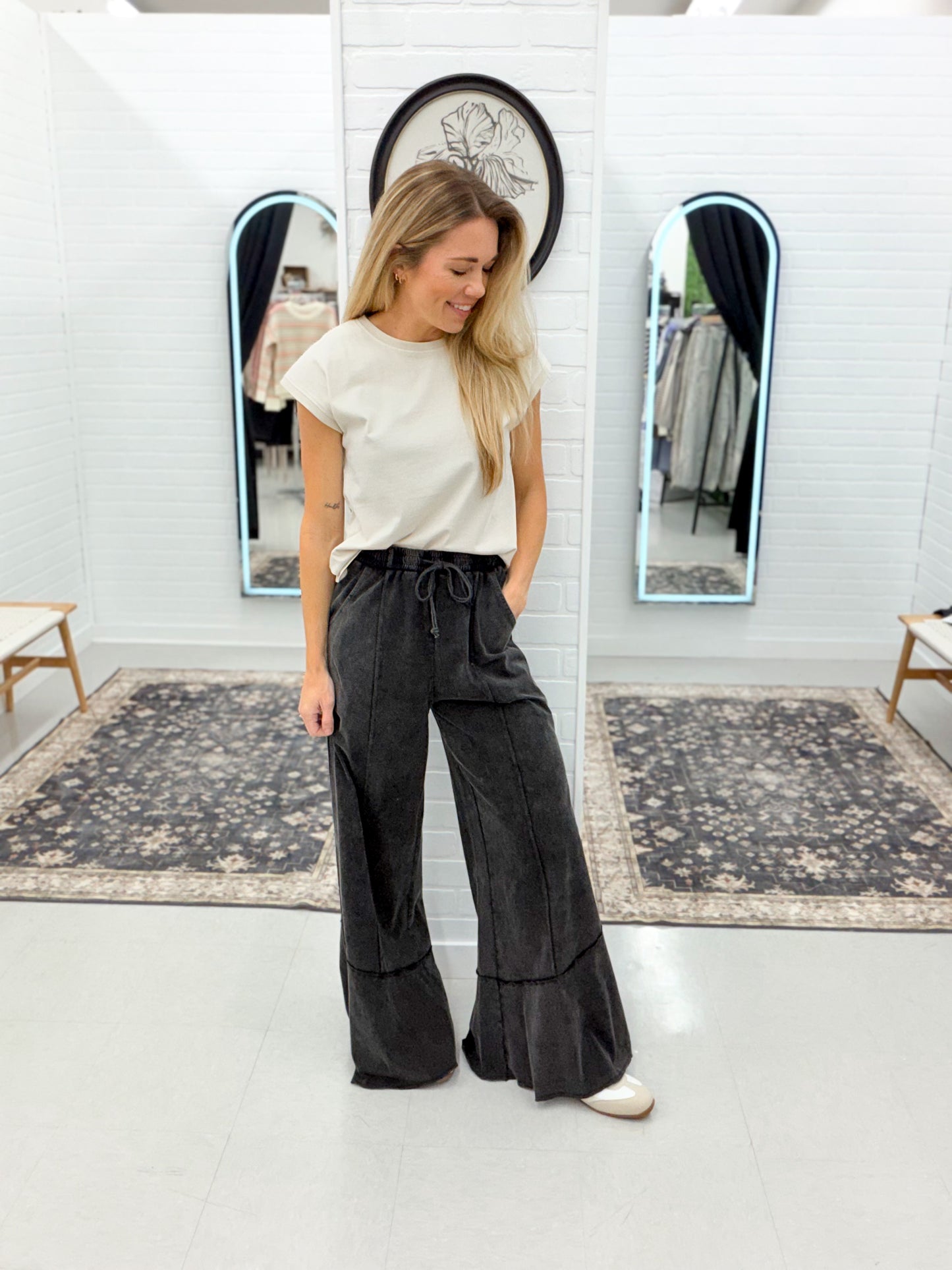 Double Down Wide Leg French Terry Pants Black