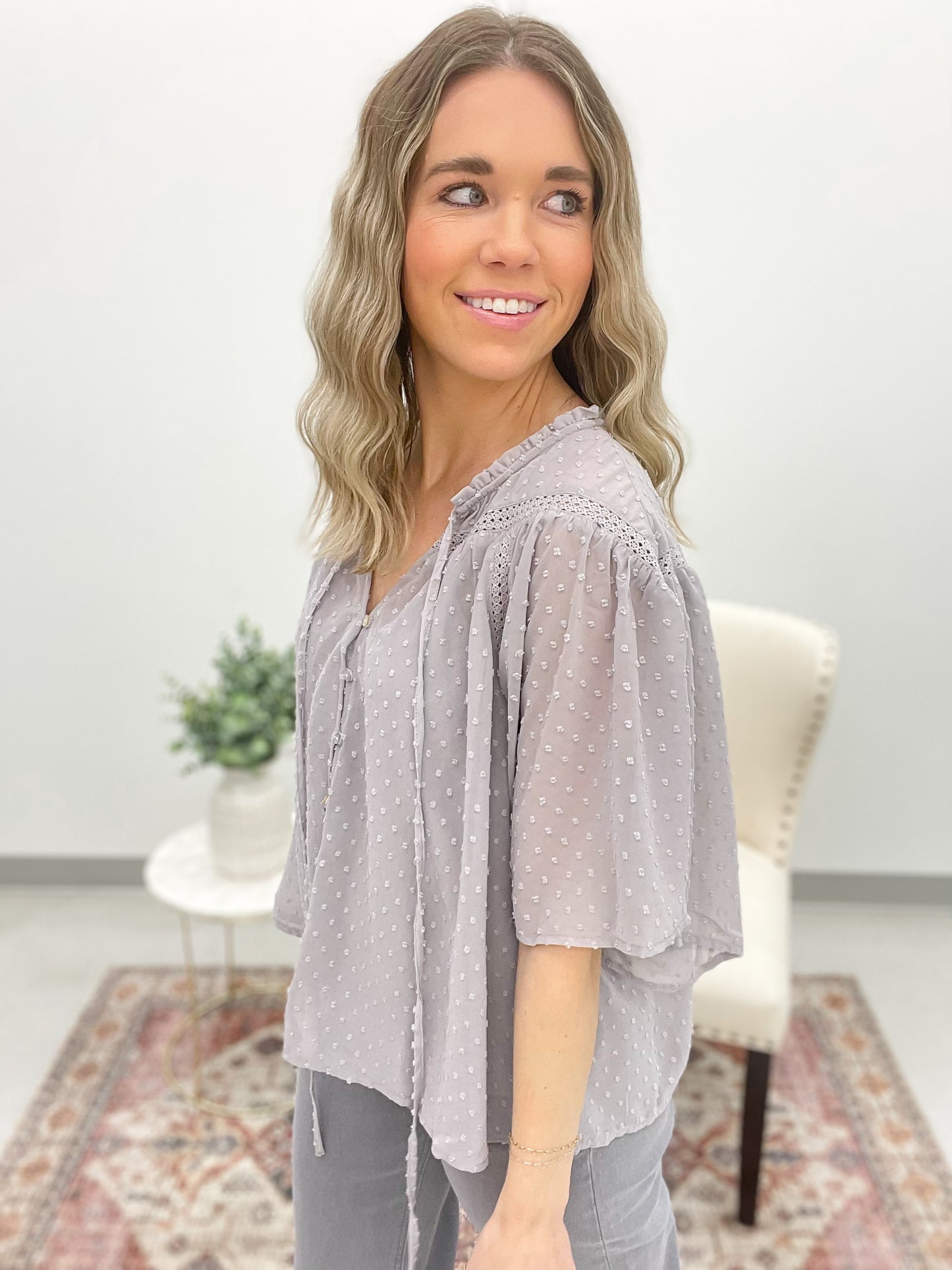 Little Moments Swiss Dot Blouse Soft Gray