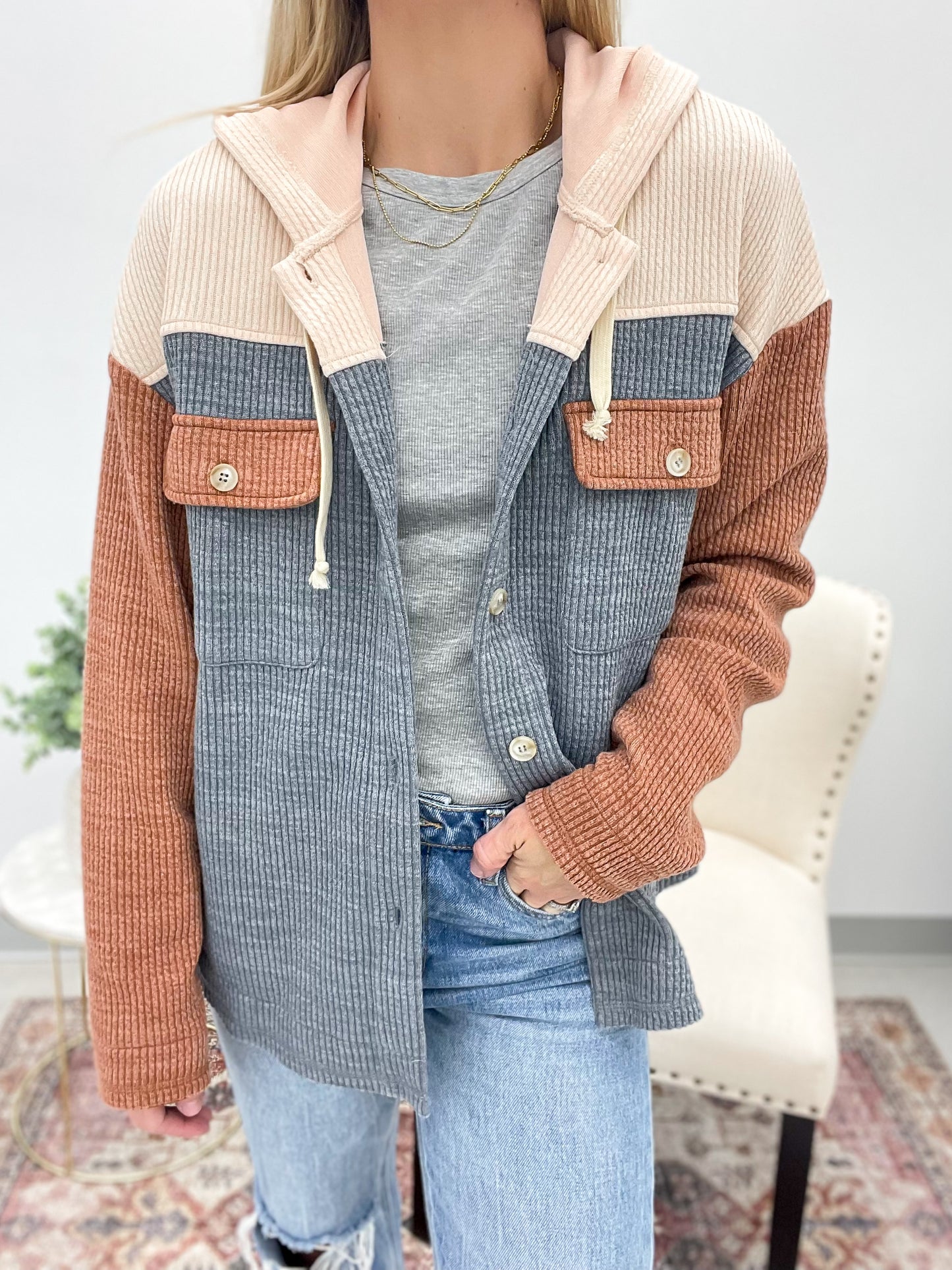 Pieces Of Me Ribbed Knit Hooded Shirt Jacket