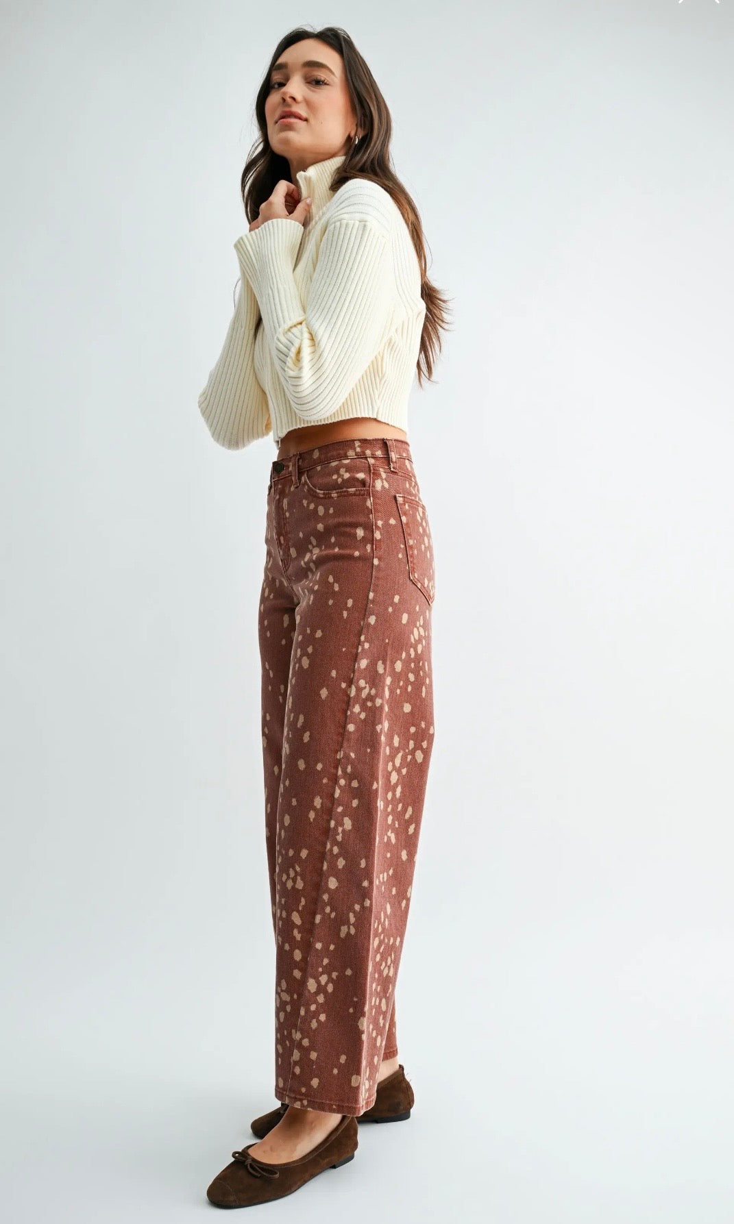 JBD Deer Print Slim Wide Leg Jeans